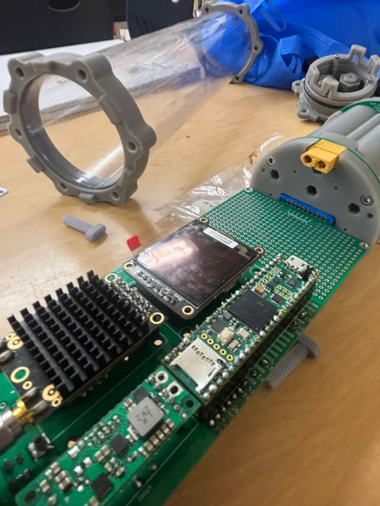 The MiSo electronics sled out of its housing: Arduino-compatible boards and a display on the reworked PCB