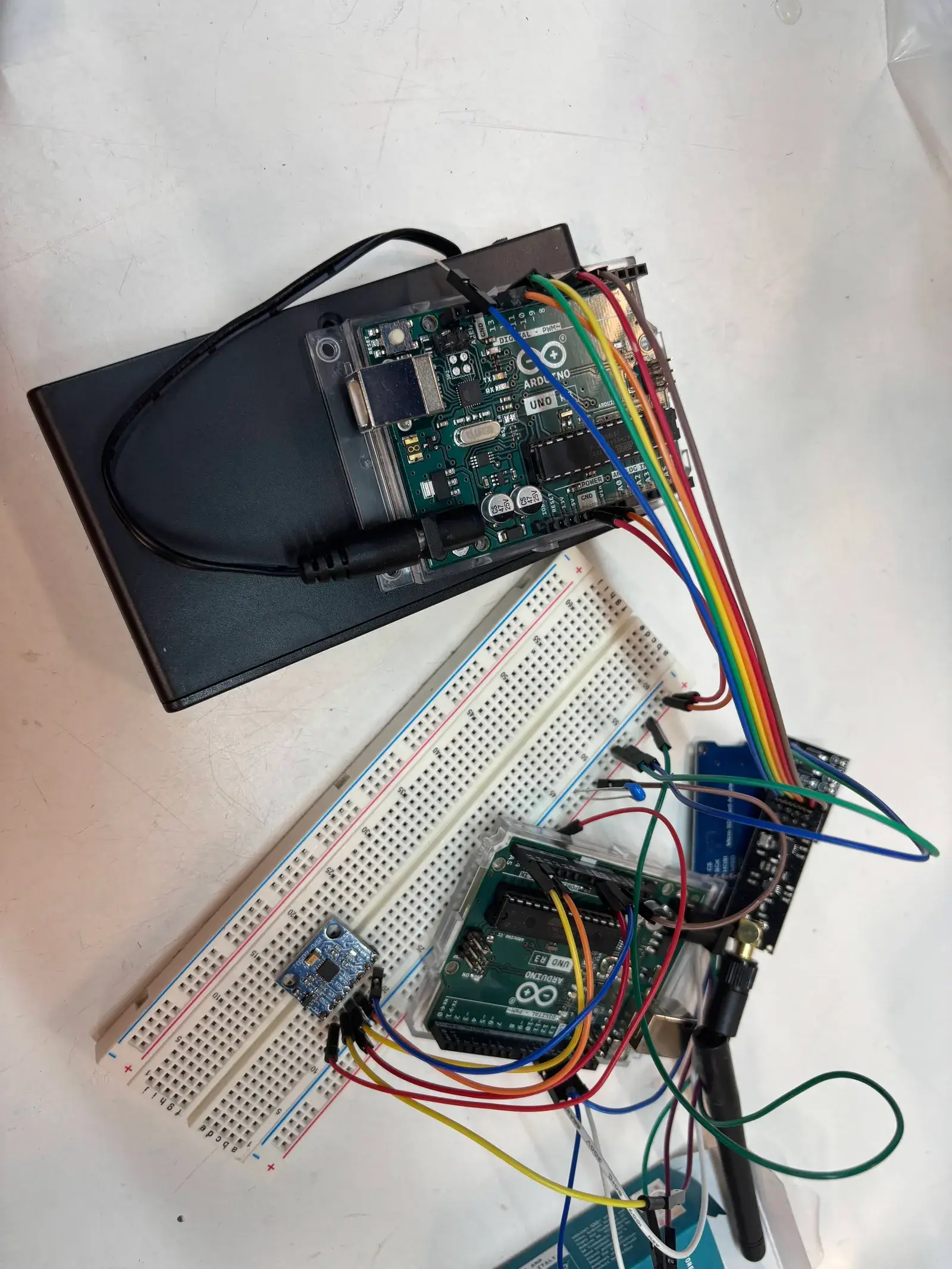 The Arduino, IMU and XBee electronics wired on a breadboard