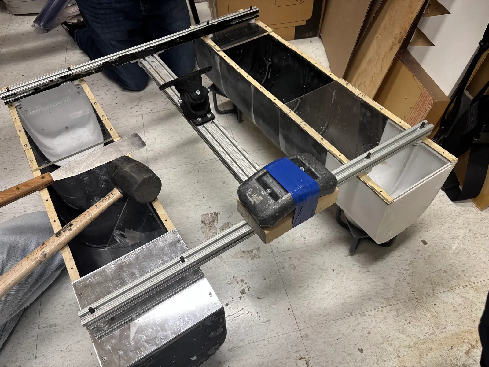 The modular twin-hull assembly on its mounting rails
