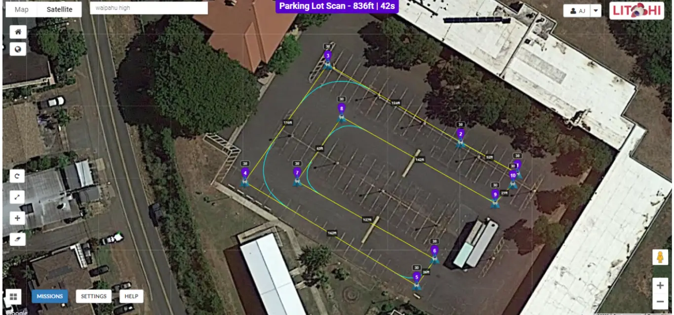 Aerial parking-lot photogrammetry scan with flight waypoints