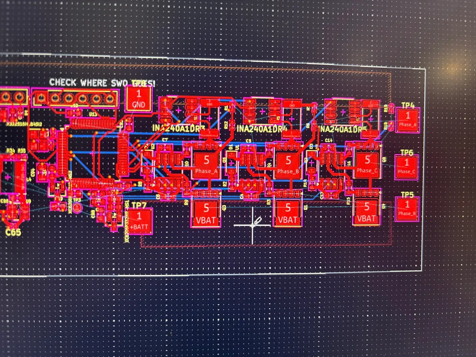 The KiCad layout on screen, showing the three INA240 current-sense amplifiers and phase test points