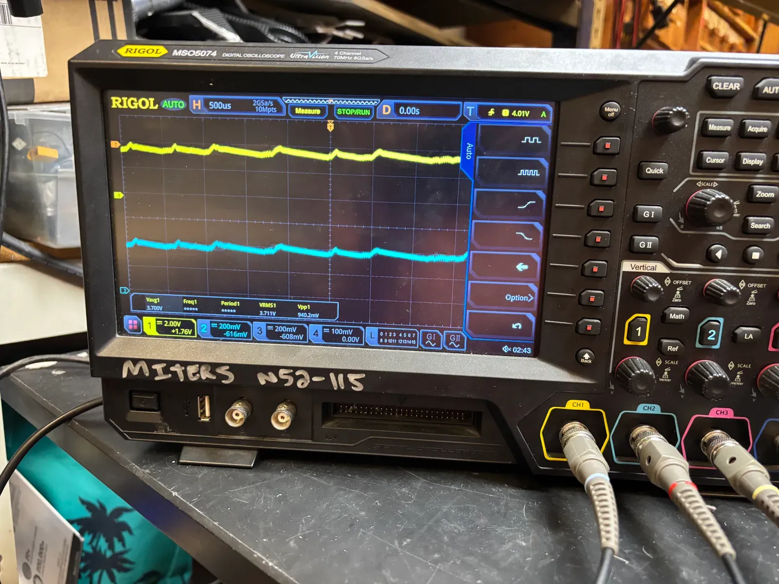 Two channels on the oscilloscope during bench testing