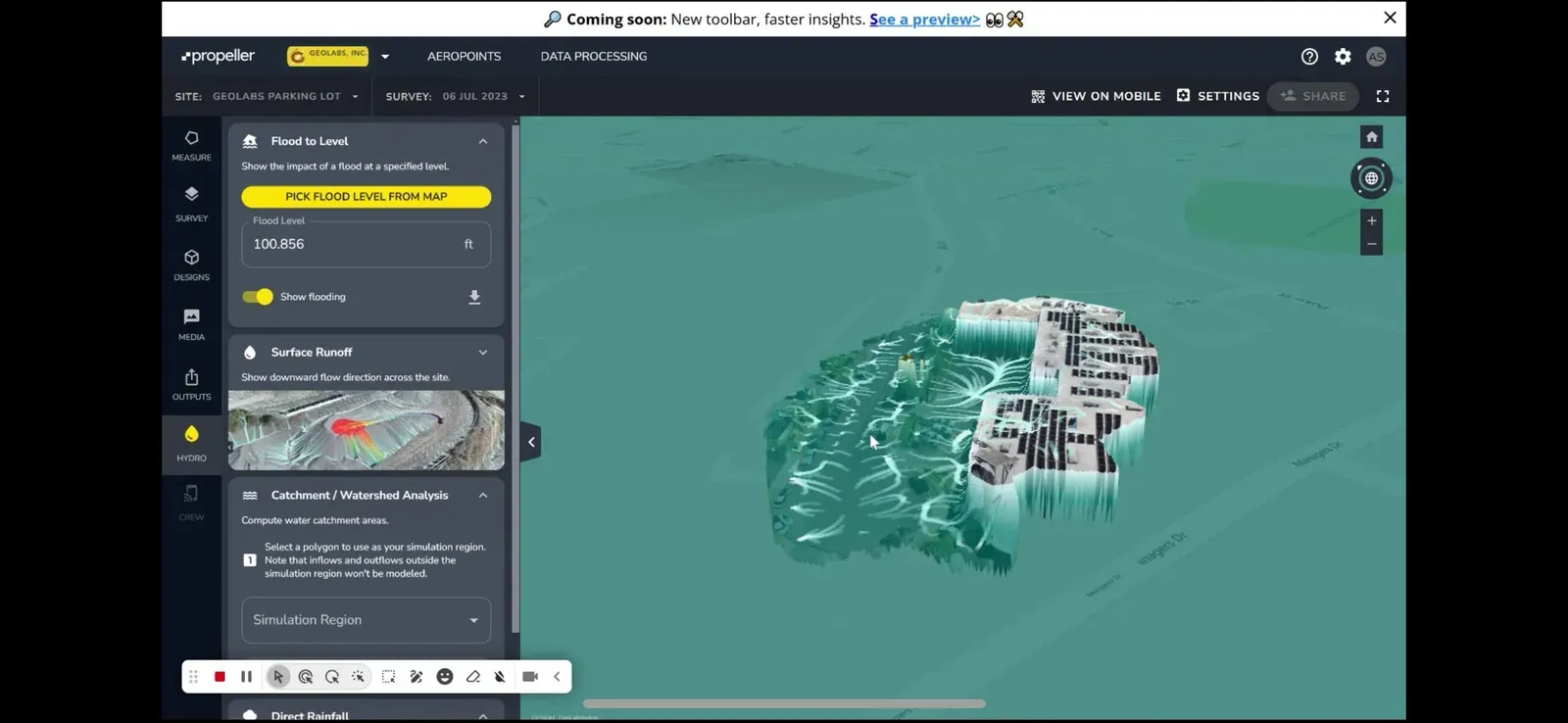 Propeller's flood-to-level and surface-runoff tools