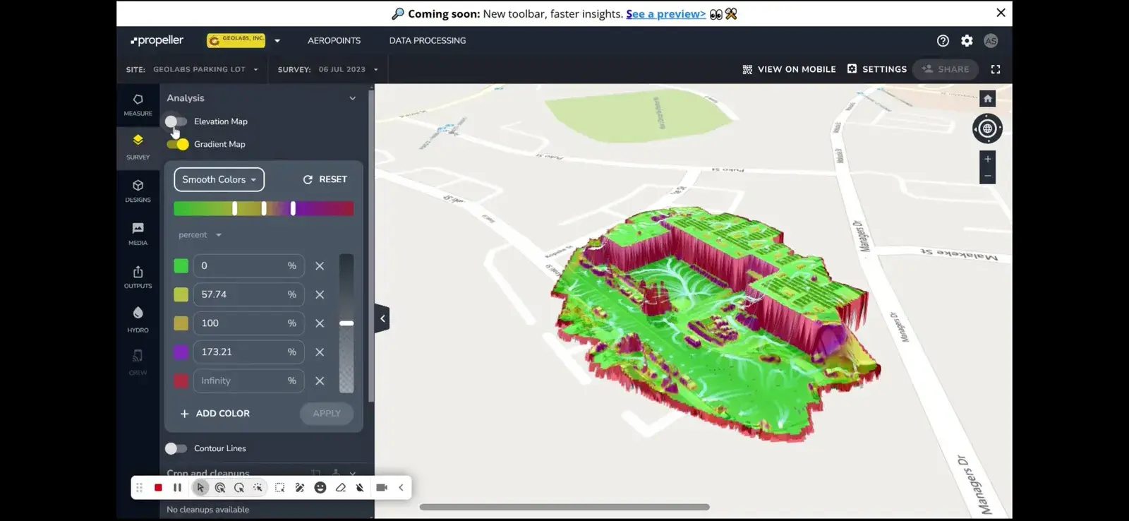 Propeller's analysis panel with the gradient-map color bands set in percent slope