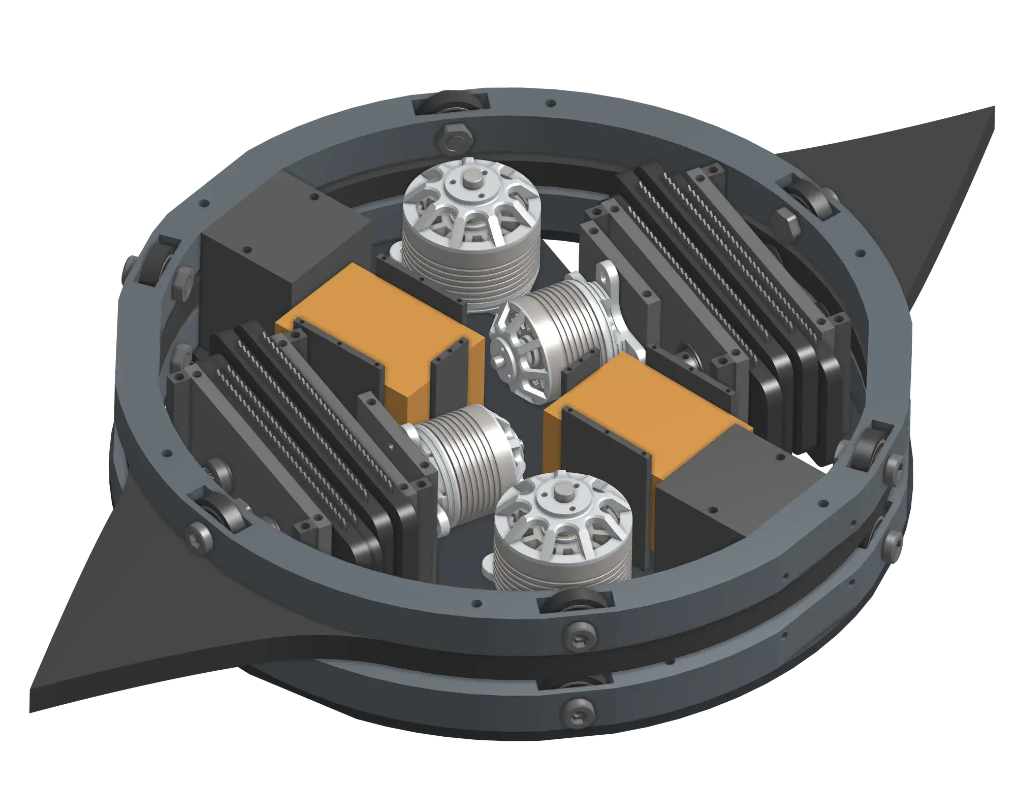 CAD of the full combat robot: the chassis with its motors and electronics inside the two-tooth ring weapon