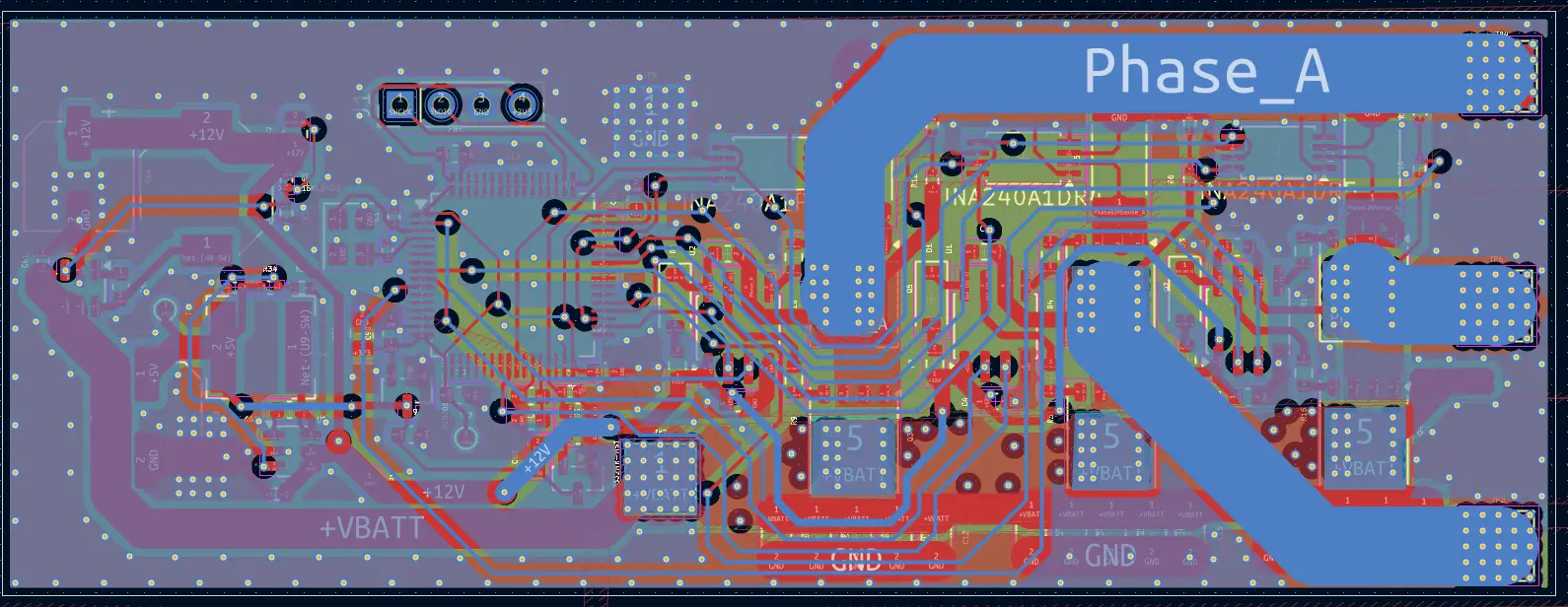 PCB copper layout highlighting the Phase A power path